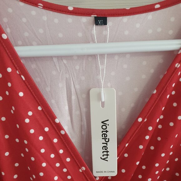 Red Polka Dot Dress Size XL With Pockets Short Sleeve V-neck Midi - Picture 5 of 5
